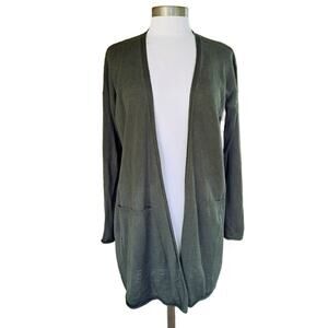 EILEEN FISHER Long Cardigan Sweater Organic LinenCotton  XS Dark Green Oversized